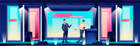 Business conference or seminar in auditorium hall. Speaker on podium giving presentation to audience...