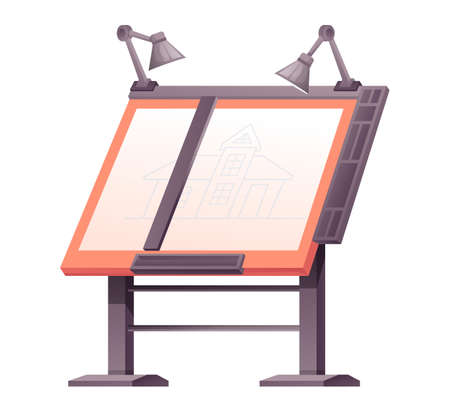 Workstation with graphic design of house on paper in office. Business workplace elements vector illustration. Board with plan of building drawing with lamps on white backgroundのイラスト素材
