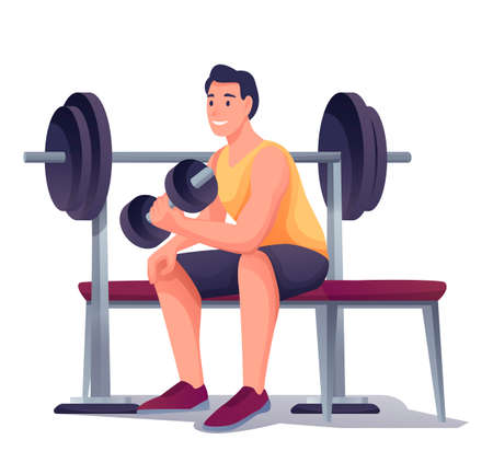 Young man exercising with weight equipment. Happy smiling guy sitting and lifting dumbbell vector illustration. Healthy active lifestyle. Male doing sport isolated on white backgroundのイラスト素材
