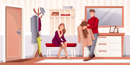 People putting clothes on in hallway at home. Man with coat and woman sitting on bench in house vector illustration. Foyer room interior design horizontal background with staricase and doorsのイラスト素材