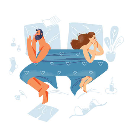 Relationship problem of angry couple laying in bed together disgusted, anger and quarrelのイラスト素材