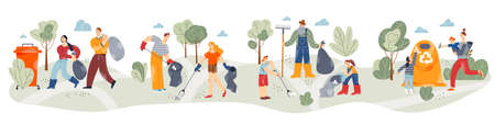 People cleaning environment, collecting garbage in containers with recycle signのイラスト素材