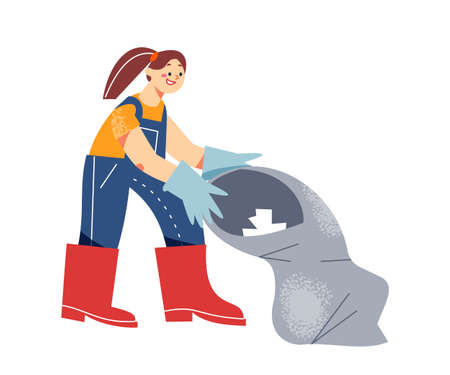 Cleanup of garbage by girl volunteer, child activist in rubber gloves and boots workingのイラスト素材