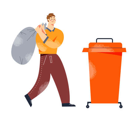 Person holding garbage bag in hands, walking to trash container, man carrying packageのイラスト素材