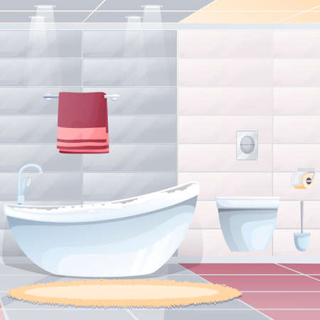 Bathroom at home interior design background. Modern room with toilet, bathtub full of water and foam with tap and shower, paper, button, towel, carpet on floor vector illustrationのイラスト素材