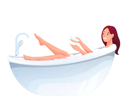young Girl in Bath Young woman taking bath in bathroom isolated on white background. Happy girl  washing with soap and foam in bathtub indoor vector illustrationの素材  [FY310179889086] | ストックフォトの Qlean Market（キュリンマーケット）