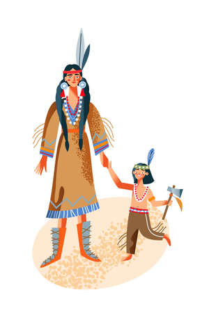 Wild west indian american woman with kid. Western native girl with boy in costume vector illustration. Young female standing and holding hand with child with axe isolated on white backgroundのイラスト素材