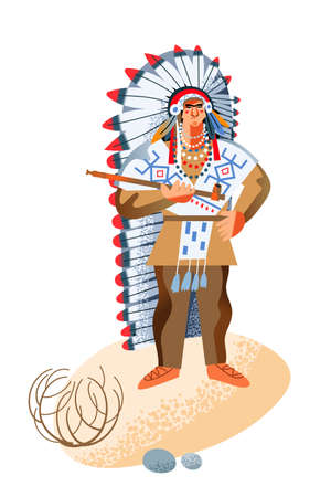 Wild west indian american man smoking with pipe. Western native person with object vector illustration. Young guy warrior standing in costume isolated on white backgroundのイラスト素材
