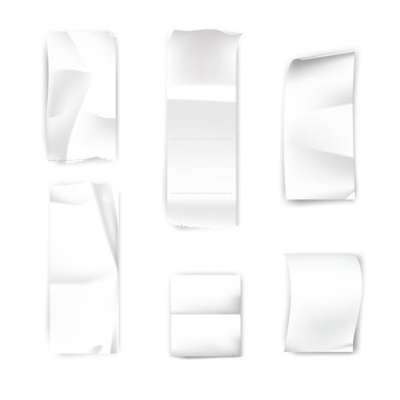 Blank receipt set. Empty paper bills, shop and supermarket checks vector illustration. Realistic crumpled lists of purchases on white background. Place for finance transactionsのイラスト素材