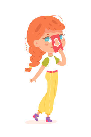 Girl learning sight sensory sense, holding card with human nose in hand, studying scent senseのイラスト素材
