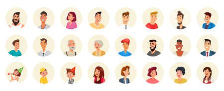 Round avatars set with faces of people, comic portraits of happy social media usersのイラスト素材