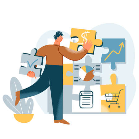 Effort and work of businessman on business problems, man connecting pieces of puzzleのイラスト素材