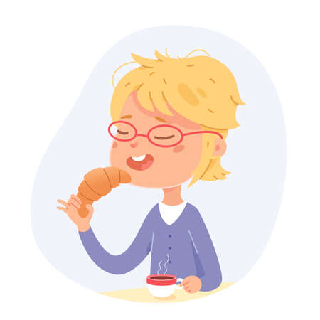 Kid eating croissant on breakfast, boy with glasses drinking tea, holding sweet dessertのイラスト素材