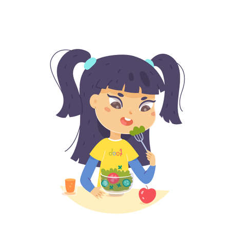 Kid eating healthy food on lunch, dinner or breakfast, girl sitting at table to eat saladのイラスト素材