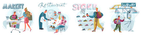 Cashless payment set, people pay using mobile phone for shopping, ordering, travelのイラスト素材