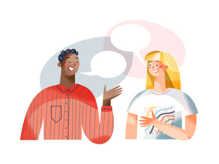 Dialogue of people with speech bubbles, young man thinking, talking with woman togetherのイラスト素材