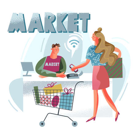 Cashless payment for shopping, checkout in supermarket counter with shopper and cashierのイラスト素材