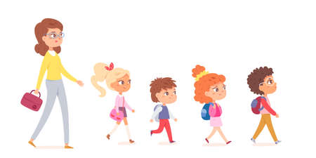 Teacher and children walk in line together outdoor, safe school or kindergarten walkのイラスト素材
