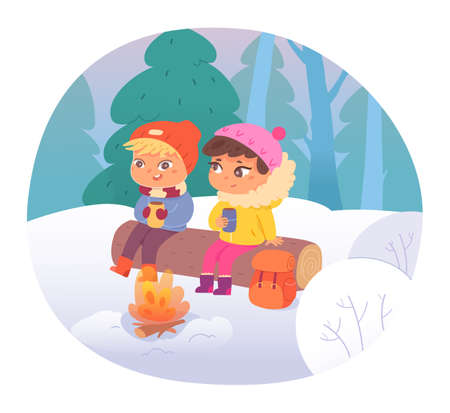 Winter picnic of friends children, camping in nature, hiker sitting on log with hot drinkのイラスト素材