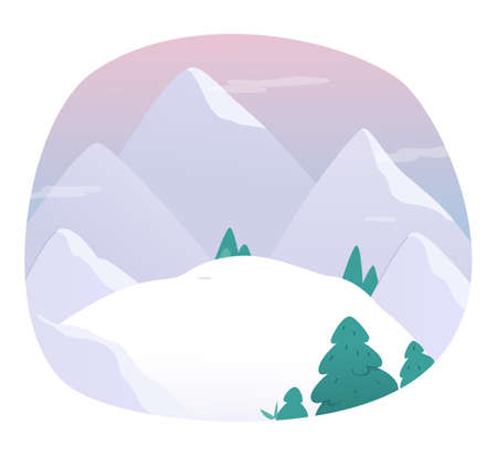 Cute mountain snowy nature, landscape in winter with snow, simple scenery of oval shapeのイラスト素材