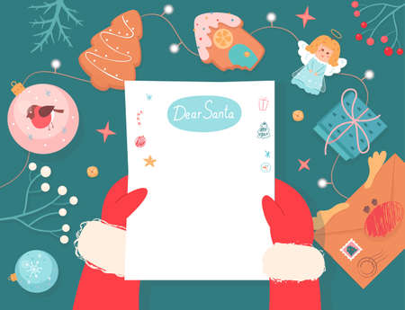 Santa Claus holding Christmas blank paper letter in hands, cute xmas postcard invitationのイラスト素材