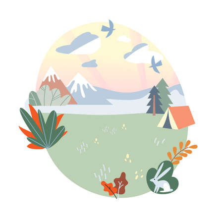Summer camp in sunny mountain landscape with river, cartoon tent, hare on meadowのイラスト素材