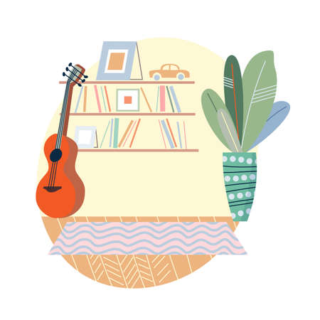 Cozy home apartment interior, cute room with furniture, books on bookshelf, guitarのイラスト素材