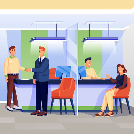 Workers and clients in bank office scene. Finance services, business department vector illustration. Financial workplace interior background. Woman talking with employee at desk, men shaking handsのイラスト素材