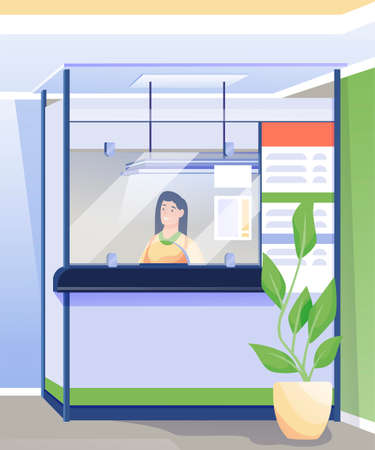 Finance worker in bank office. Financial services, business department vector illustration. Woman working at counter with banners. Modern workplace interior design backgroundのイラスト素材