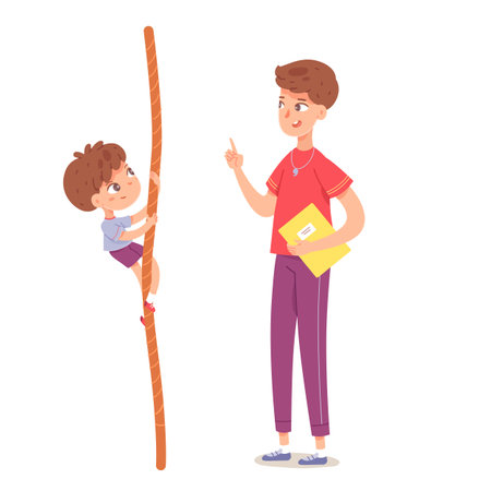 Kid climbing on rope in physical education class at school. Child with teacher doing exercise on tightrope in PE vector illustration. Boy hanging, coach instructing on white backgroundのイラスト素材