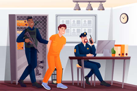 Policemen and prisoner in police station scene. Security department office vector illustration. Guard with gun leading suspect, guy at desk working on computer with phoneのイラスト素材