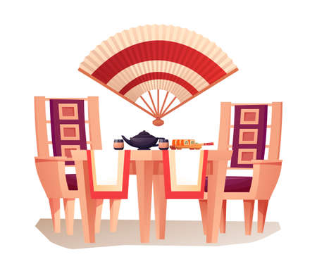Japanese restaurant interior design elements. Asian traditional cuisine with sushi and tea vector illustration. Table with teapot, cups, food, two chairs, fan isolated on white backgroundのイラスト素材