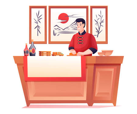 Chef cooking sushi in Japanese restaurant. Young man preparing food on counter in cafe. Asian traditional cuisine vector illustration. Modern interior design with paintings on wallのイラスト素材