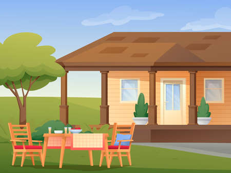 Barbecue setup outdoor background. House in nature with tree, table with food and drinks, chairs vector illustration. Summer sceneのイラスト素材