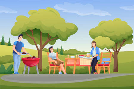 People having barbecue party outdoor scene. Friends grilling meat in summer vector illustration. Panoramic view of women and man outside in nature cooking and eatingのイラスト素材