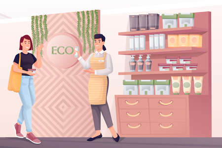 Woman shopping in eco zero waste shop. Young girl customer choosing cream, assistant helping with products vector illustration. Ecological store interior design view with peopleのイラスト素材