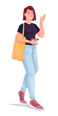 Woman shopping in eco cosmetics shop. Young girl with product in box, holding in hand, waving vector illustration. Happy customer with bag and gift isolated on white backgroundのイラスト素材