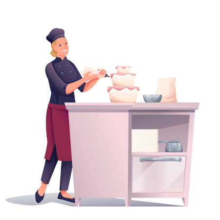 Woman cooking cake, decorating with cream in restaurant. Professional cook preparing food vector illustration. Young happy girl in apron and cap isolated on white backgroundのイラスト素材