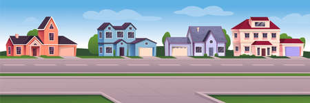 Suburban cityscape background. Modern cartoon town view design vector illustration. Cozy windows and doors in buildings, driveway, sidewalk, grass. Horizontal outdoor sceneのイラスト素材