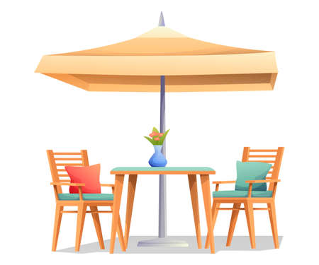 Interior design outdoor restaurant. Table with vase, two chairs, large street umbrella vector illustration. Catering business, food court, cafe and bar concept in cartoon style.のイラスト素材