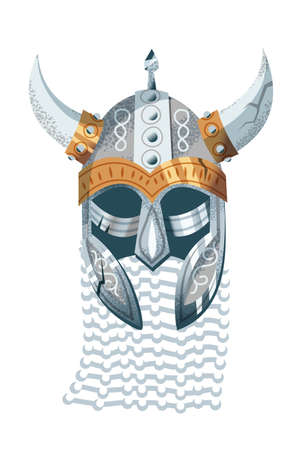 Viking helmet. Medieval Norway armor of people for protection vector illustration. Silver and golden fighter hat with horns and decorative elements isolated on white backgroundのイラスト素材