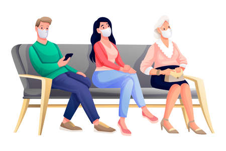 People waiting for appointment in queue. Women and man sitting in masks in hospital, bank or other building vector illustration. Group on grey sofa isolated on white backgroundのイラスト素材