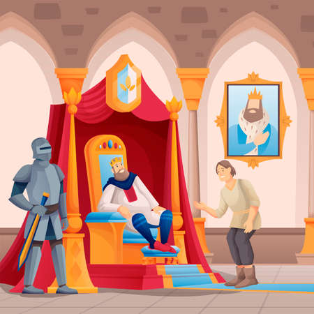 Royal people in castle scene. King sitting on throne, knight with sword guarding, poor man peasant asking in kingdom chamber vector illustration. Hall room interior design viewのイラスト素材