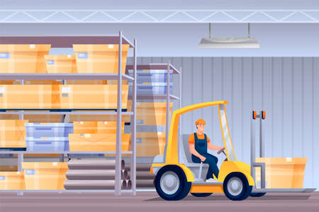 Worker in forklifter tractor cartoon character. Handymen loading cardboard boxes. Storehouse...