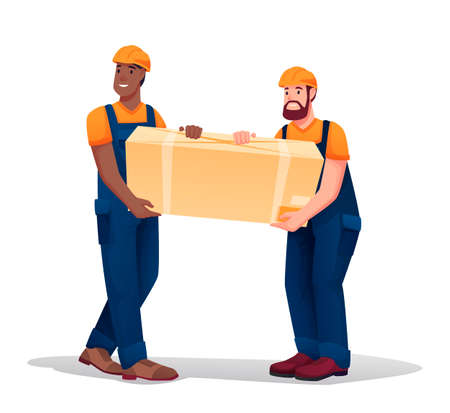 People carrying, delivering big box. Delivery workers working in warehouse. Men with goods in carton packaging in hands vector illustration. Two guys with load on white backgroundのイラスト素材