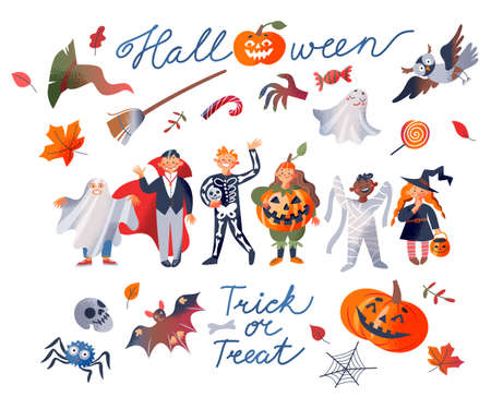 Halloween party set, scary night ghost, spooky zombie, witch in hat vampire and pumpkinのイラスト素材