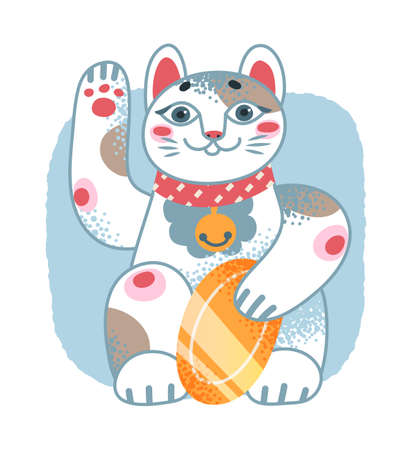Japanese lucky cat, maneki neko from Japan, funny kitty doll holding gold money coinのイラスト素材