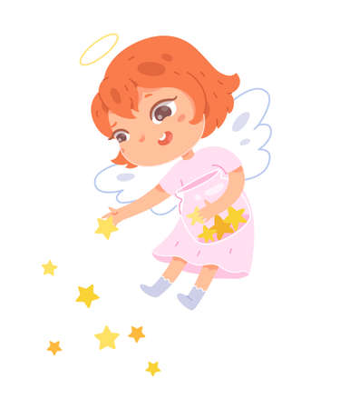 Cute angel baby girl, little kid flying in heaven, holding fantasy bottle with starsのイラスト素材