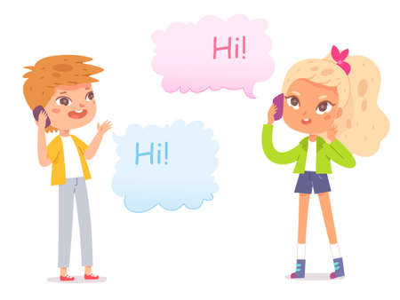 Kids girl and boy talk mobile phone, little children talking, text in conversation bubbleのイラスト素材