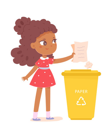 Cute girl sorting paper in trash bin, child holding crumpled paper, throwing garbageのイラスト素材